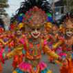 Dancers wearing colorful, intricately designed MassKara masks and vibrant costumes perform in a lively street parade in Bacolod City, surrounded by cheering crowds and festive buntings.