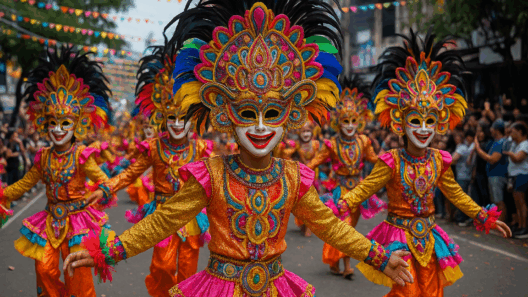 Dancers wearing colorful, intricately designed MassKara masks and vibrant costumes perform in a lively street parade in Bacolod City, surrounded by cheering crowds and festive buntings.