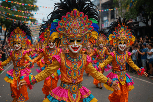 Dancers wearing colorful, intricately designed MassKara masks and vibrant costumes perform in a lively street parade in Bacolod City, surrounded by cheering crowds and festive buntings.