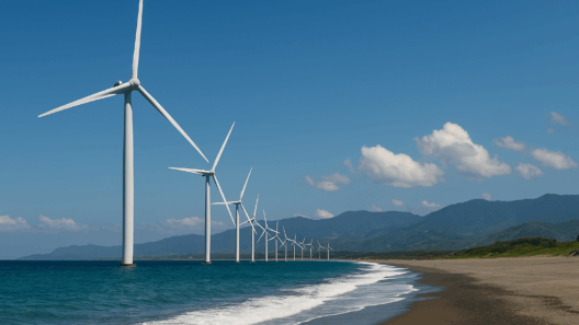 A row of towering white wind turbines along the Bangui coastline in Ilocos Norte, with turquoise waters, gentle waves, and mountain ranges beneath a clear blue sky.