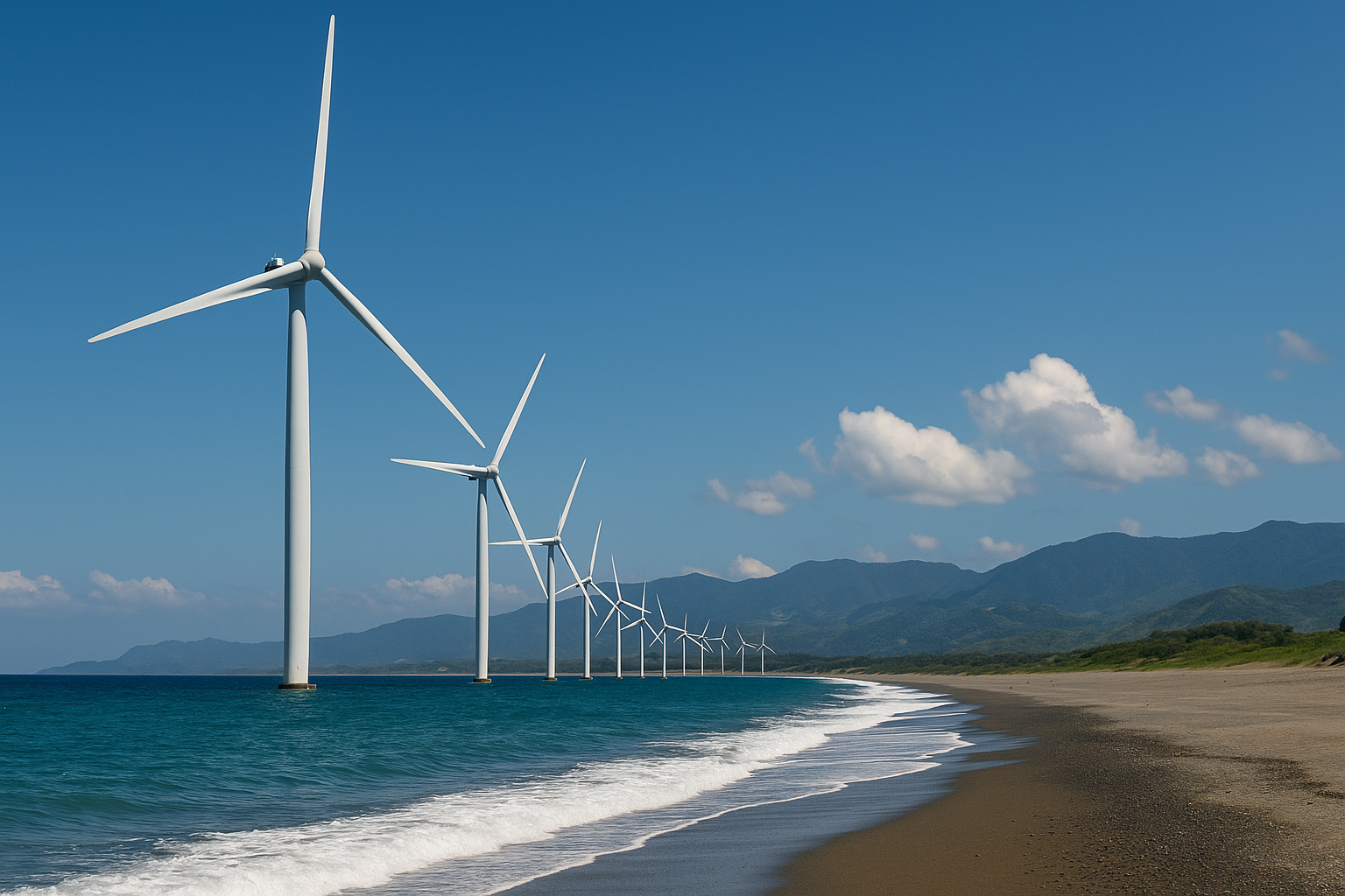 A row of towering white wind turbines along the Bangui coastline in Ilocos Norte, with turquoise waters, gentle waves, and mountain ranges beneath a clear blue sky.