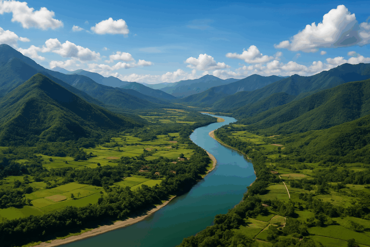 Aerial view of Cagayan Valley showing a winding turquoise river surrounded by green mountains, rice fields, and scattered rural settlements under a bright blue sky.