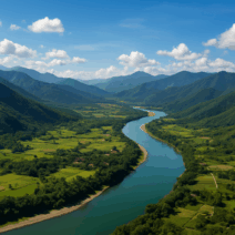 Aerial view of Cagayan Valley showing a winding turquoise river surrounded by green mountains, rice fields, and scattered rural settlements under a bright blue sky.