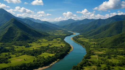 Aerial view of Cagayan Valley showing a winding turquoise river surrounded by green mountains, rice fields, and scattered rural settlements under a bright blue sky.