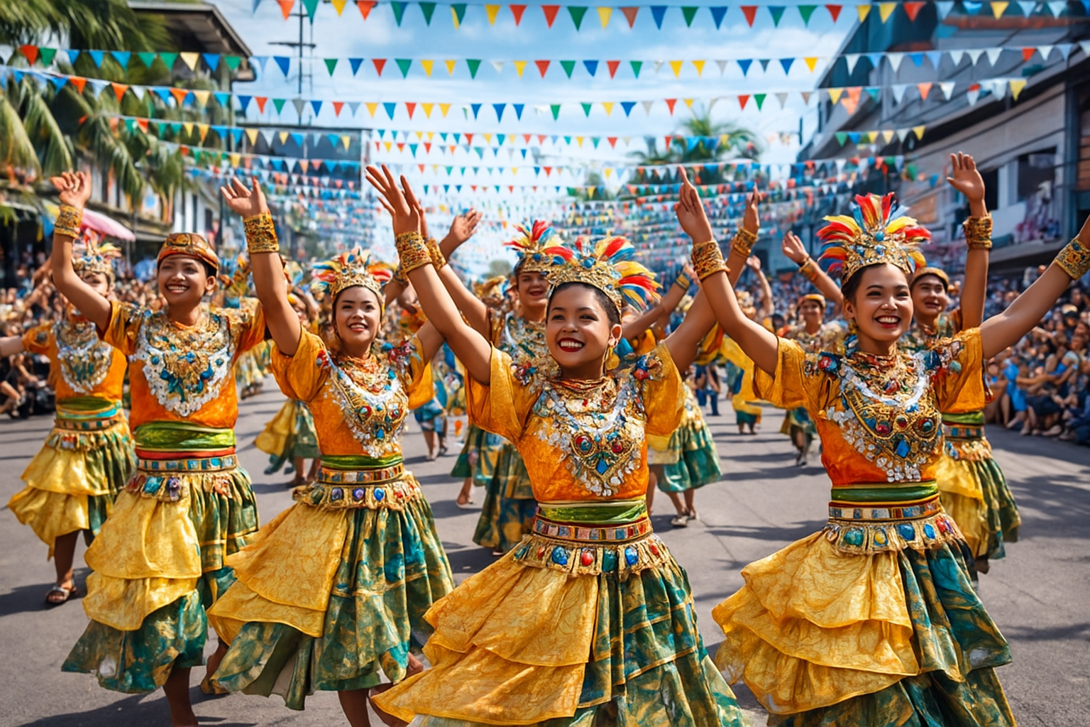 Street dancers in colorful layered costumes perform during the Bantayog Festival in Daet, Camarines Norte, with festive buntings overhead and a lively crowd watching.