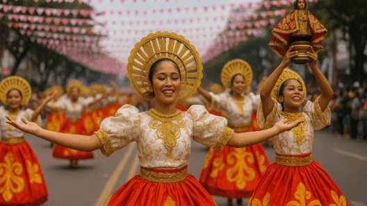 Street dancers in vibrant gold and red Sinulog costumes perform along a decorated road in Cebu City, with one dancer holding a Santo Niño statue amid festive banners and cheering crowds.