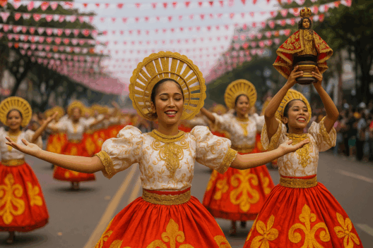 Street dancers in vibrant gold and red Sinulog costumes perform along a decorated road in Cebu City, with one dancer holding a Santo Niño statue amid festive banners and cheering crowds.