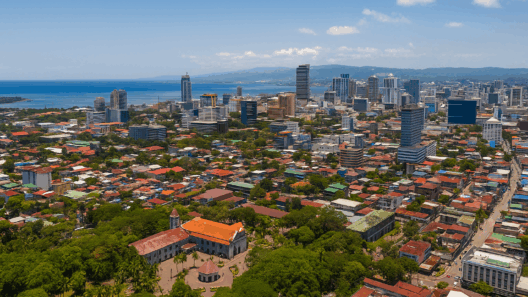 Aerial view of Cebu City showing its modern skyline, historic landmarks, and coastal waters, with green parks and urban neighborhoods in the foreground under a bright blue sky.