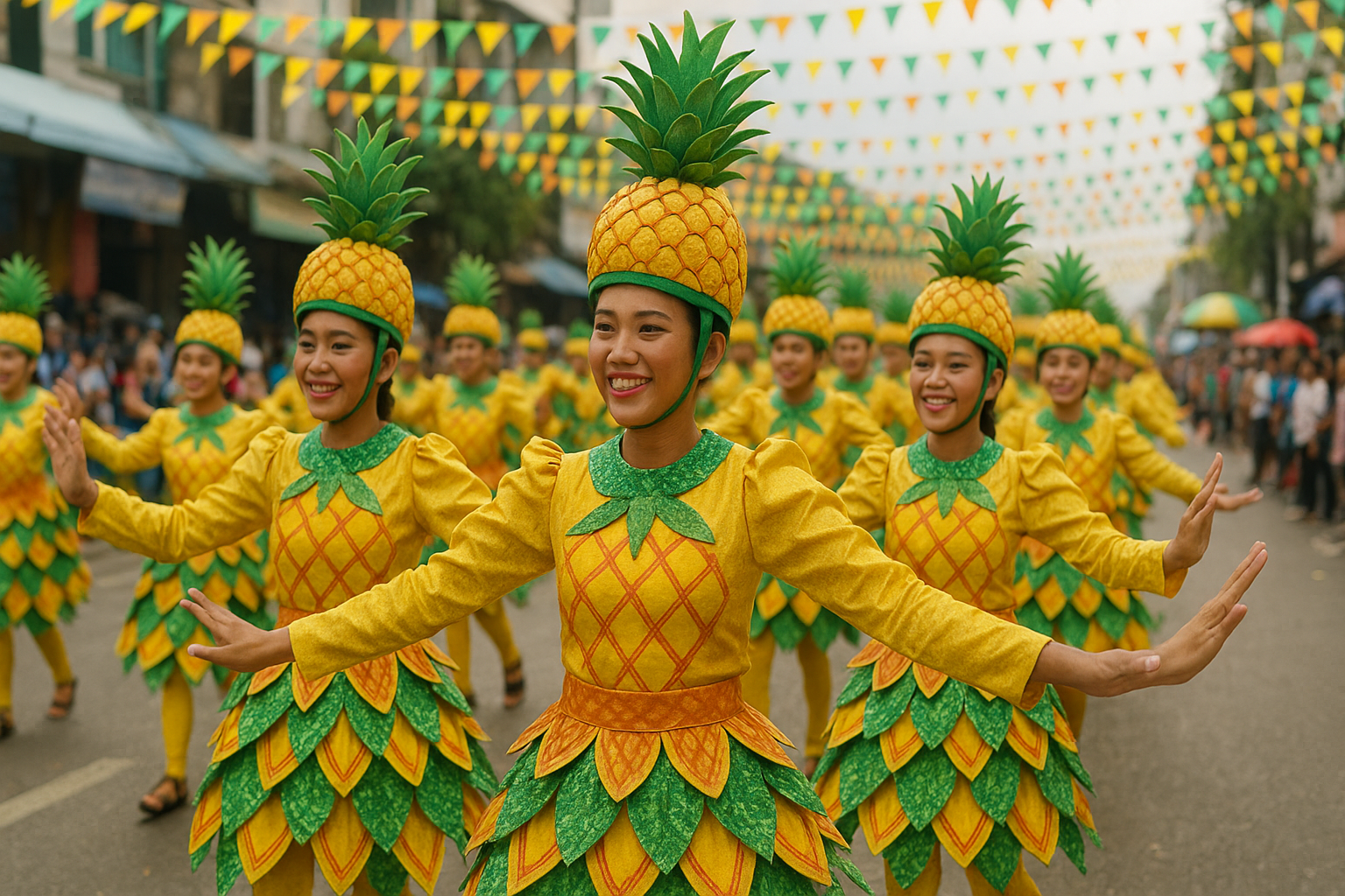 Dancers in bright yellow and green pineapple-themed costumes perform in a lively street parade during the Pineapple Festival in Daet, Camarines Norte.