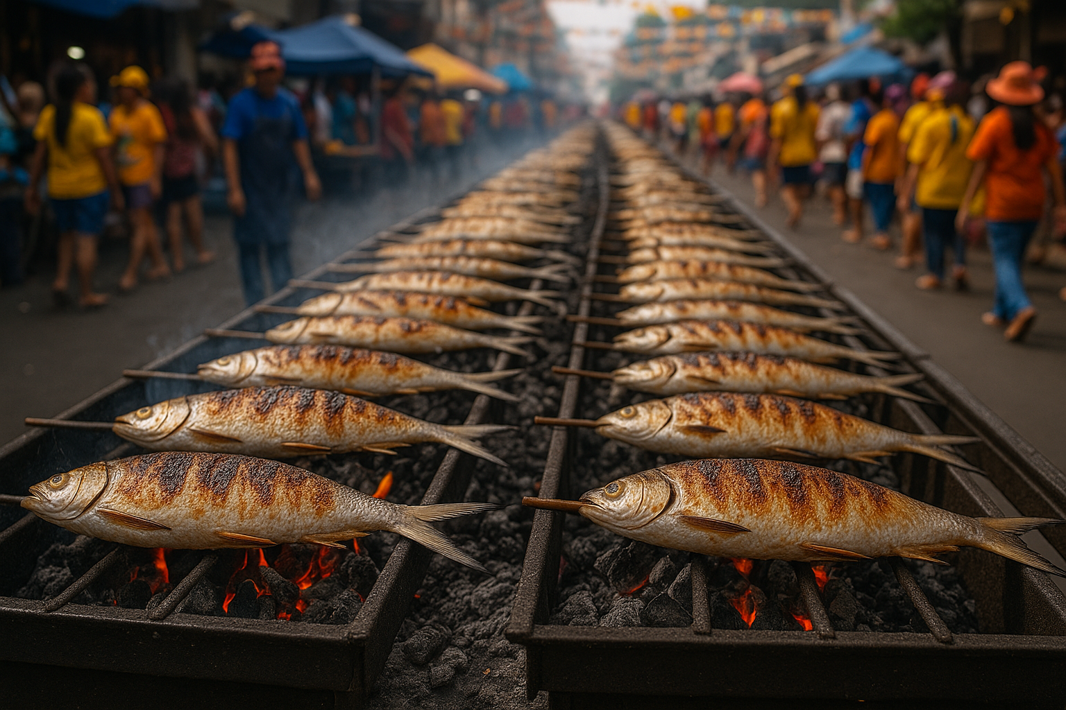 Rows of whole bangus grilling over hot charcoal during Dagupan’s Bangus Festival, with smoke rising and people walking through the festive street behind.