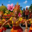 Colorful Kadayawan Festival dancers in traditional attire performing beside a vibrant floral float decorated with durian, pineapples, and large flowers in Davao City.