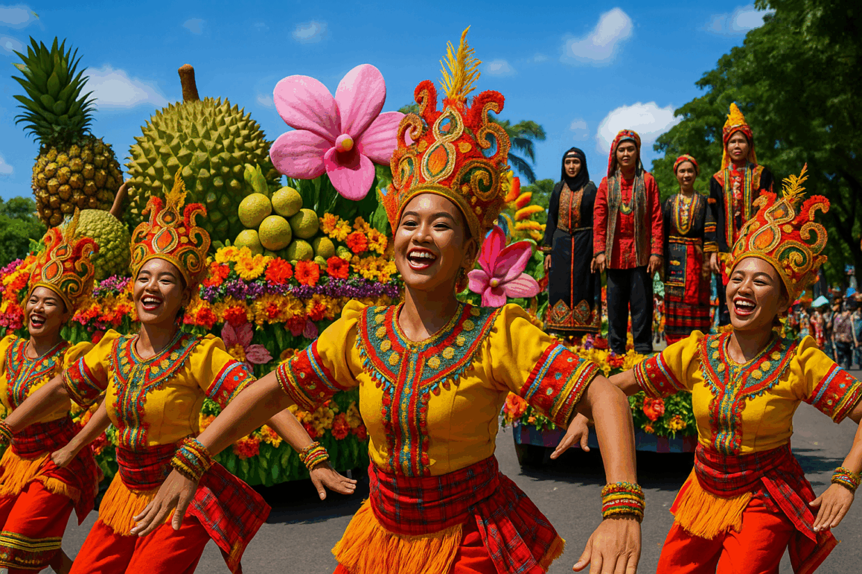 Colorful Kadayawan Festival dancers in traditional attire performing beside a vibrant floral float decorated with durian, pineapples, and large flowers in Davao City.
