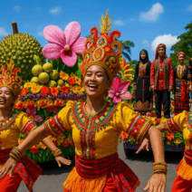 Colorful Kadayawan Festival dancers in traditional attire performing beside a vibrant floral float decorated with durian, pineapples, and large flowers in Davao City.