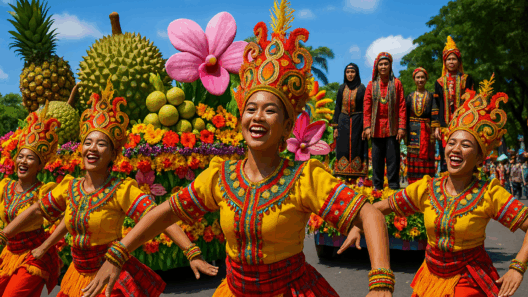 Colorful Kadayawan Festival dancers in traditional attire performing beside a vibrant floral float decorated with durian, pineapples, and large flowers in Davao City.