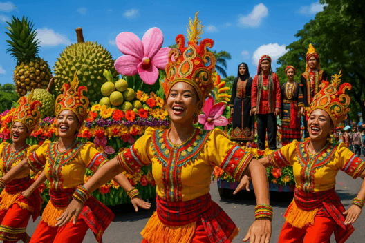 Colorful Kadayawan Festival dancers in traditional attire performing beside a vibrant floral float decorated with durian, pineapples, and large flowers in Davao City.