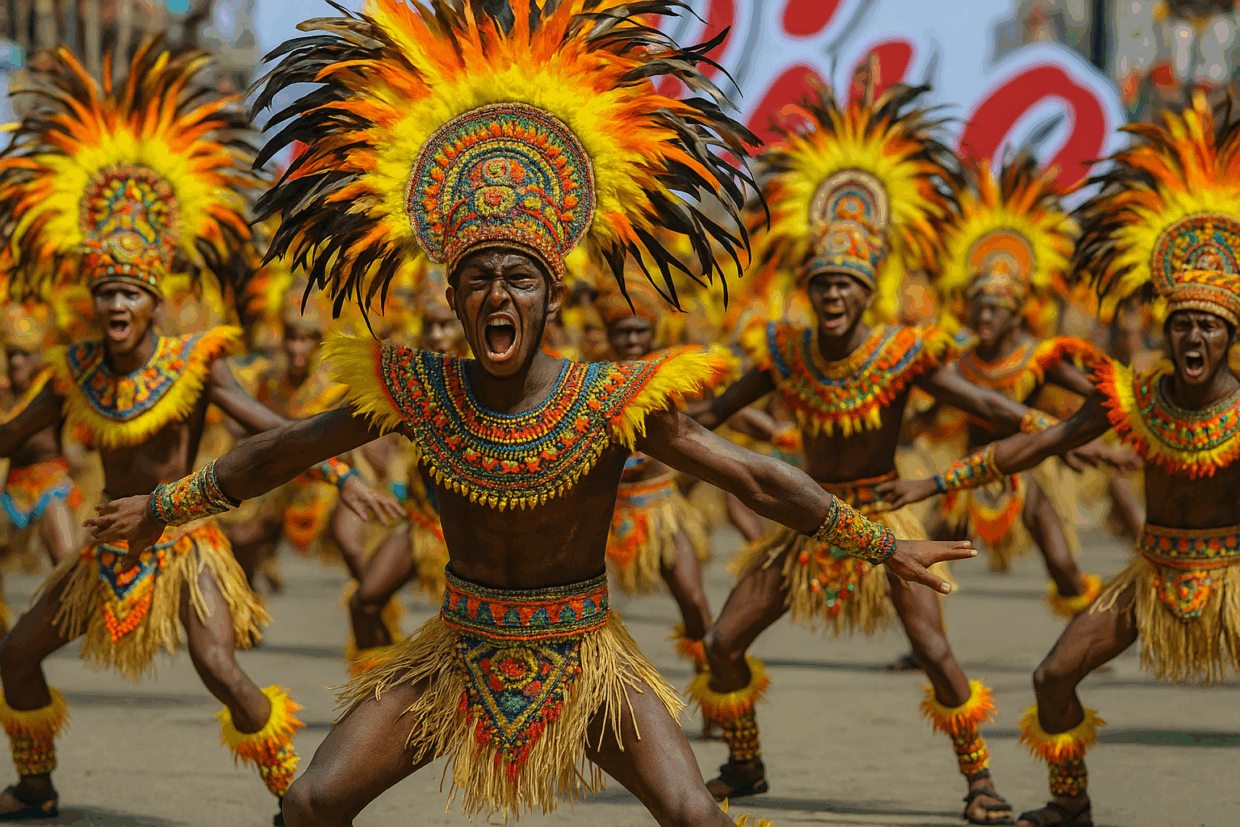 Dinagyang Festival performers in Iloilo City wearing vibrant feathered headdresses and traditional tribal costumes during an intense street dance performance.