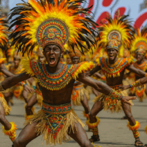 Dinagyang Festival performers in Iloilo City wearing vibrant feathered headdresses and traditional tribal costumes during an intense street dance performance.