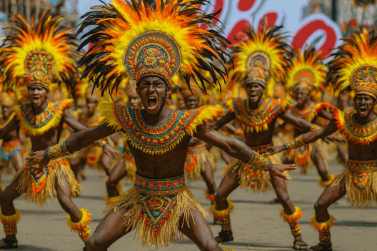 Dinagyang Festival performers in Iloilo City wearing vibrant feathered headdresses and traditional tribal costumes during an intense street dance performance.