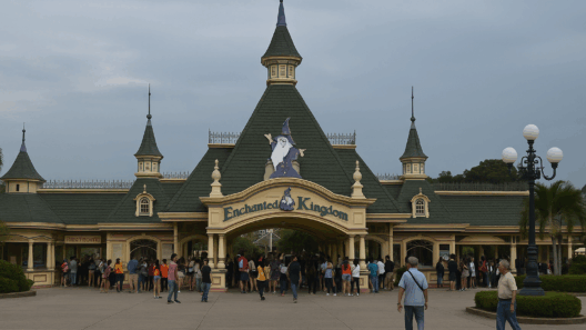 Photorealistic view of Enchanted Kingdom’s main entrance in Santa Rosa, Laguna, showing the Victorian-style gateway, green turrets, and crowds of visitors.
