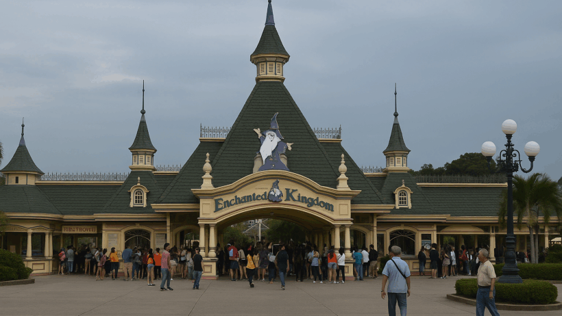 Photorealistic view of Enchanted Kingdom’s main entrance in Santa Rosa, Laguna, showing the Victorian-style gateway, green turrets, and crowds of visitors.