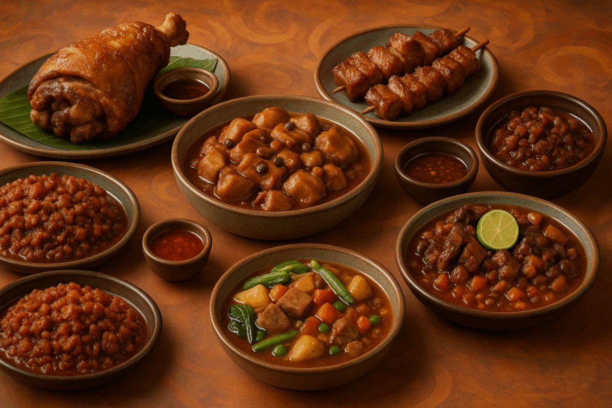 Photorealistic overhead image of nine iconic Filipino pork dishes, including crispy pata, adobo, menudo, and barbecue, arranged on rustic ceramic plates over a warm, textured background.
