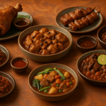 Photorealistic overhead image of nine iconic Filipino pork dishes, including crispy pata, adobo, menudo, and barbecue, arranged on rustic ceramic plates over a warm, textured background.