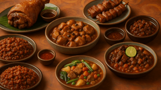 Photorealistic overhead image of nine iconic Filipino pork dishes, including crispy pata, adobo, menudo, and barbecue, arranged on rustic ceramic plates over a warm, textured background.