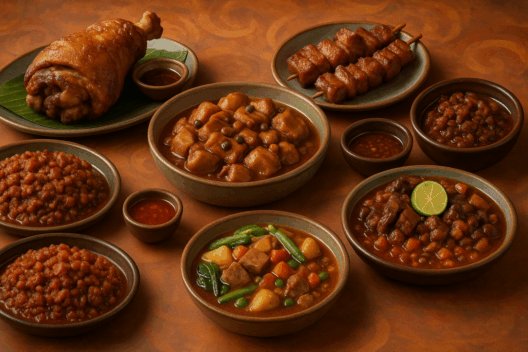 Photorealistic overhead image of nine iconic Filipino pork dishes, including crispy pata, adobo, menudo, and barbecue, arranged on rustic ceramic plates over a warm, textured background.
