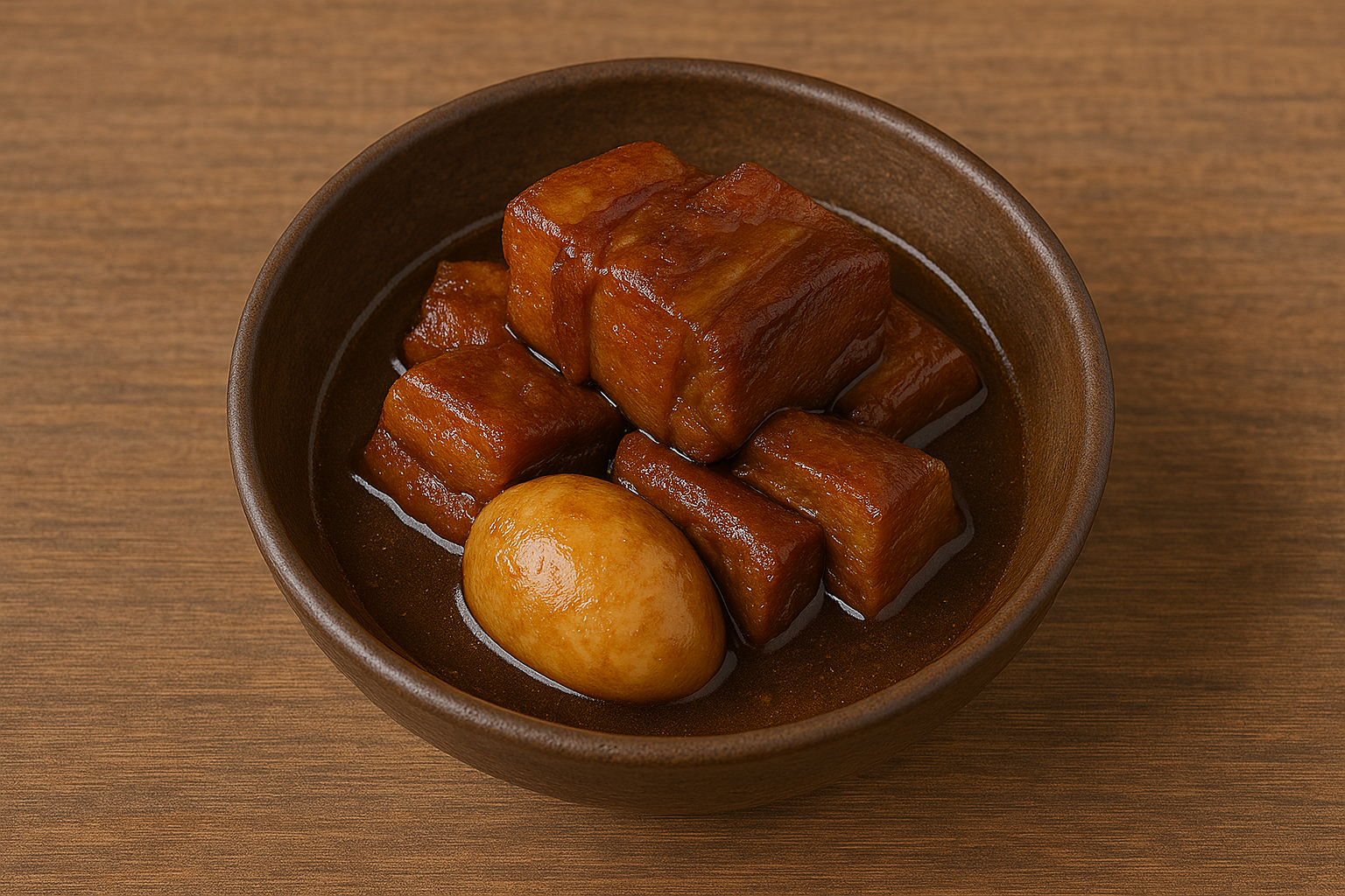 A bowl of Visayan humba featuring tender braised pork belly cubes and a hard-boiled egg simmered in a rich, glossy brown sauce.