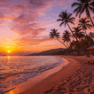 A tropical sunset at Laiya Beach with golden-orange skies, calm waves, silhouetted palm trees, and beach loungers along the shoreline.