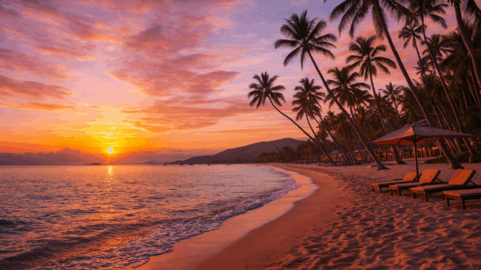 A tropical sunset at Laiya Beach with golden-orange skies, calm waves, silhouetted palm trees, and beach loungers along the shoreline.