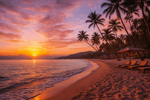 A tropical sunset at Laiya Beach with golden-orange skies, calm waves, silhouetted palm trees, and beach loungers along the shoreline.