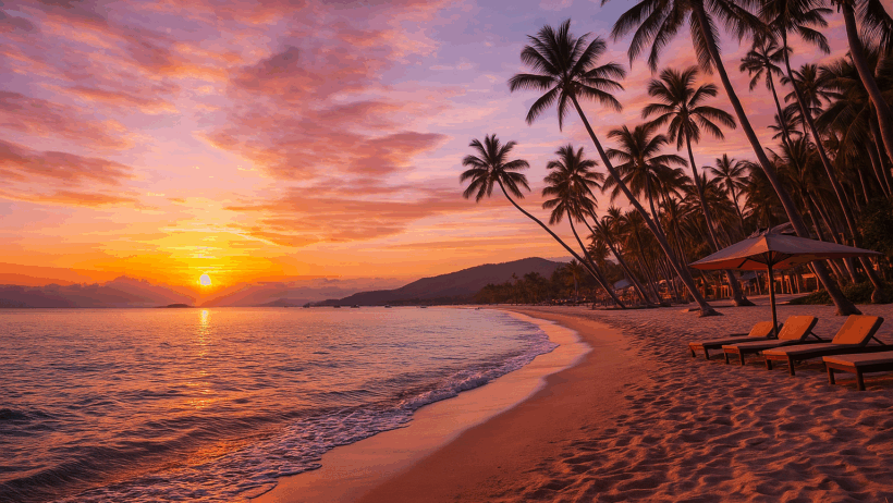 A tropical sunset at Laiya Beach with golden-orange skies, calm waves, silhouetted palm trees, and beach loungers along the shoreline.