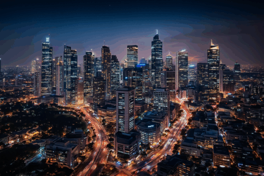 A nighttime aerial view of the Makati skyline with illuminated skyscrapers, glowing city streets, and modern high-rise buildings shining against a deep blue sky.