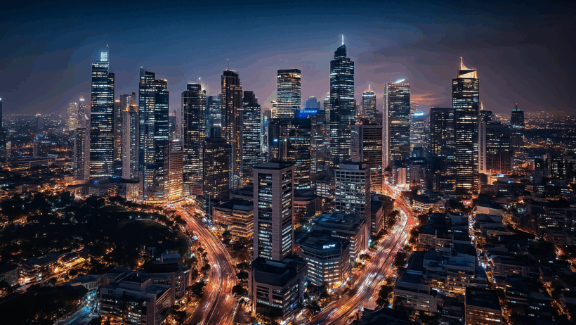 A nighttime aerial view of the Makati skyline with illuminated skyscrapers, glowing city streets, and modern high-rise buildings shining against a deep blue sky.