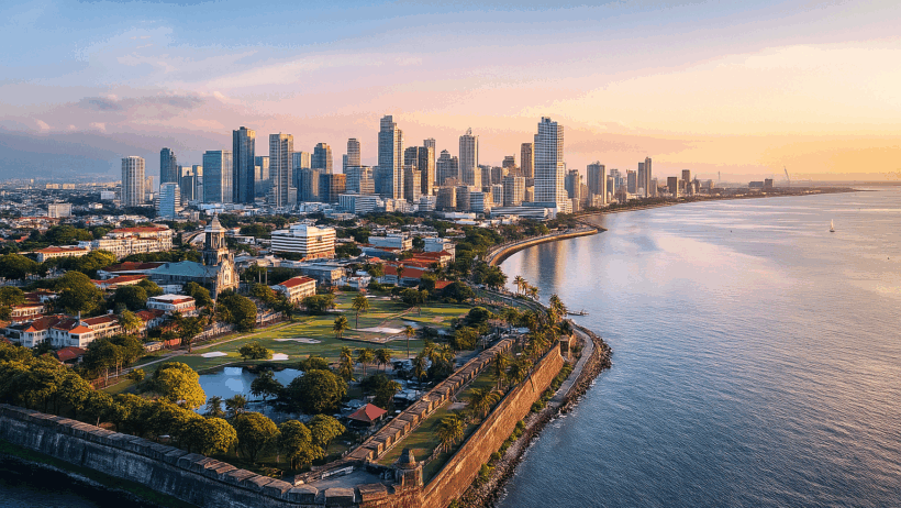 Aerial view of Manila showing the historic Intramuros district, lush greenery, and the modern skyline beside the blue waters of Manila Bay under a bright sky.