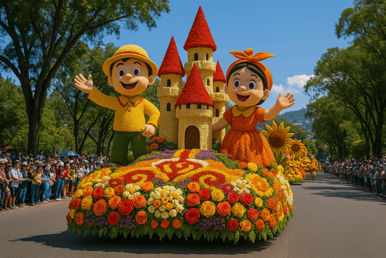 A vibrant floral float at the Panagbenga Festival featuring large flower-covered cartoon figures, a castle made of blooms, and colorful roses, with crowds watching along a tree-lined street in Baguio City.