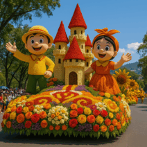 A vibrant floral float at the Panagbenga Festival featuring large flower-covered cartoon figures, a castle made of blooms, and colorful roses, with crowds watching along a tree-lined street in Baguio City.