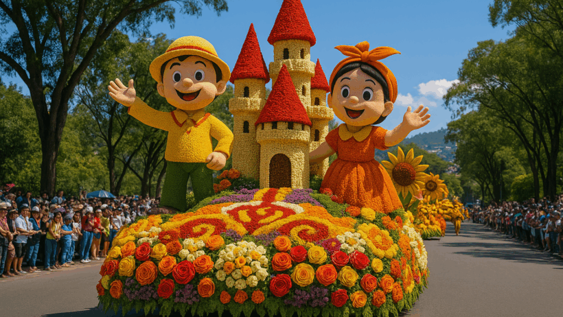 A vibrant floral float at the Panagbenga Festival featuring large flower-covered cartoon figures, a castle made of blooms, and colorful roses, with crowds watching along a tree-lined street in Baguio City.