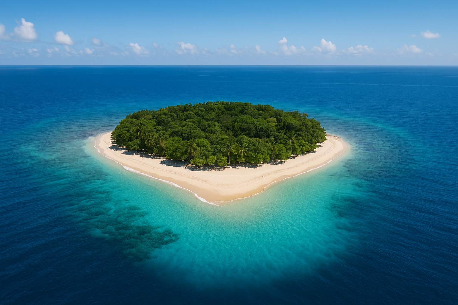 Aerial view of Potipot Island surrounded by turquoise water, white sand, and dense green trees under a bright blue sky.