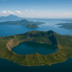 Aerial view of Taal Volcano showing the crater lake, lush green slopes, and the surrounding deep blue waters of Taal Lake under a clear sky.
