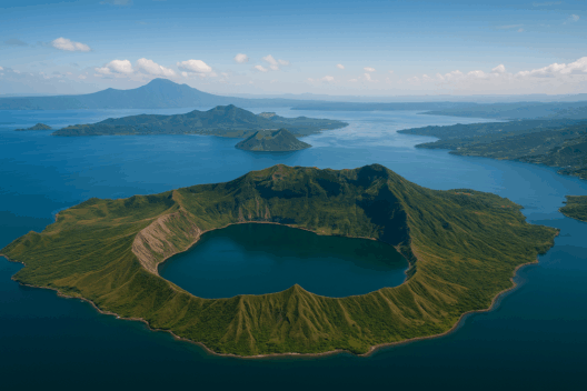 Aerial view of Taal Volcano showing the crater lake, lush green slopes, and the surrounding deep blue waters of Taal Lake under a clear sky.
