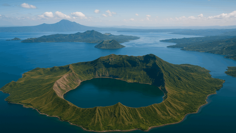 Aerial view of Taal Volcano showing the crater lake, lush green slopes, and the surrounding deep blue waters of Taal Lake under a clear sky.