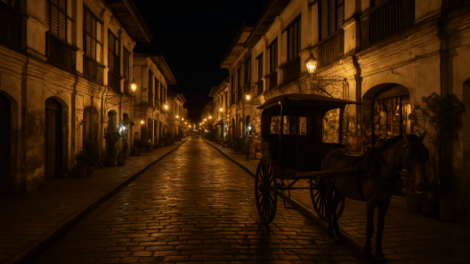 Nighttime view of Calle Crisologo in Vigan, showing cobblestone streets, Spanish colonial houses, warm lantern lighting, and a traditional horse-drawn kalesa.