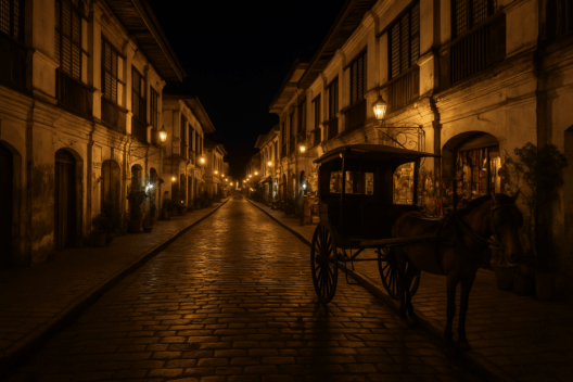 Nighttime view of Calle Crisologo in Vigan, showing cobblestone streets, Spanish colonial houses, warm lantern lighting, and a traditional horse-drawn kalesa.